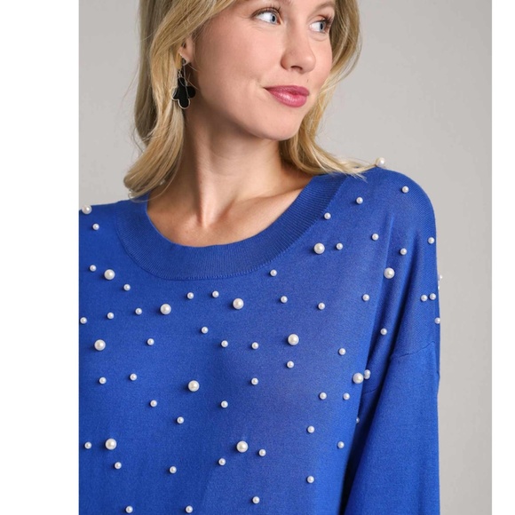 Umgee Royal Blue Long Sleeve Dress with Pearl Accents - Picture 2 of 3